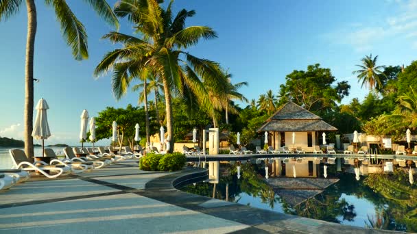 Vista Piscina Sombrillas Palmeras Cielo Azul — Vídeos de Stock