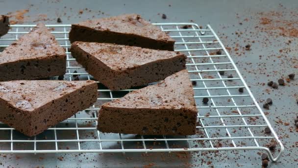 Läckra Choklad Brownie Tårtor Metallgaller — Stockvideo