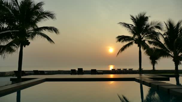Zonsondergang Uitzicht Zwembad Met Palmbomen — Stockvideo