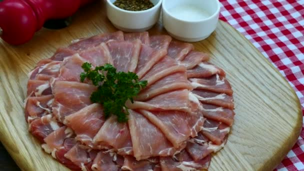 Slices Fresh Raw Pork Meat Wooden Cutting Board — Stock Video