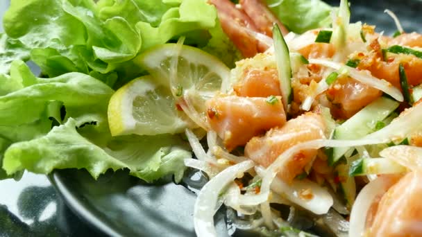 Salmon Spicy Salad Dressing Plate — Stock Video