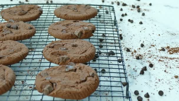 Heerlijke Zelfgemaakte Koekjes Met Chocolade Druppels Metalen Raster — Stockvideo