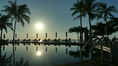 palmiye ağaçları ile yüzme havuzunun gün batımı görünümü
