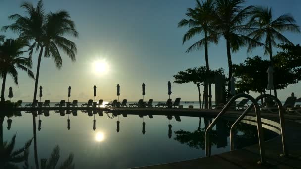 Pôr Sol Vista Piscina Com Palmeiras — Vídeo de Stock