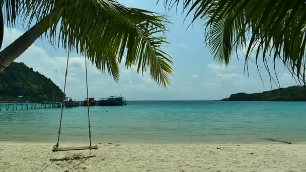 Picturesque Marina Sea Waves Sandy Beach Swing — Stock Video