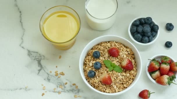 Delicious Breakfast Pancakes Fresh Berries Coffee Porridge — Stock Video