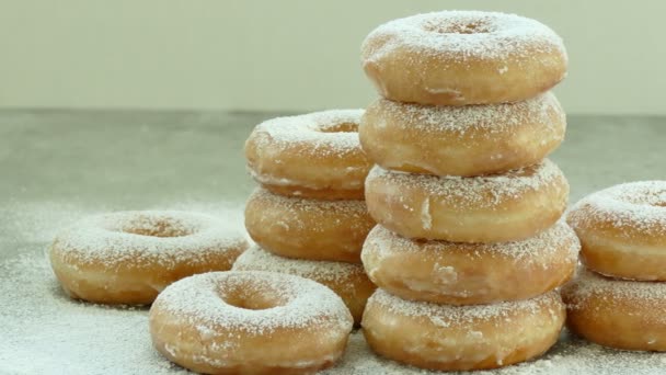 Sweet Homemade Donuts Icing Sugar Top — Stock Video