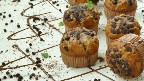 Delicious Homemade Muffins Chocolate Drops — Stock Video