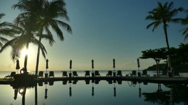 Yüzme Havuzu, plaj şemsiyeleri ve yemyeşil tropik bitki örtüsü 