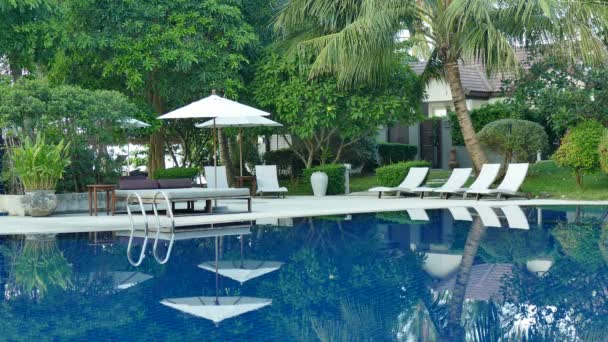 vue sur piscine, parasols et végétation tropicale luxuriante  