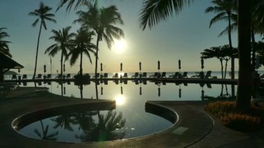 Yüzme Havuzu, plaj şezlong, palmiye ağaçları ve mavi gökyüzü görünümü