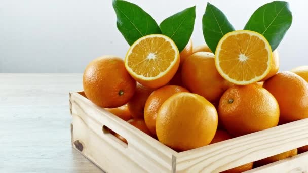 Pile Fresh Oranges Wooden Box — Stock Video