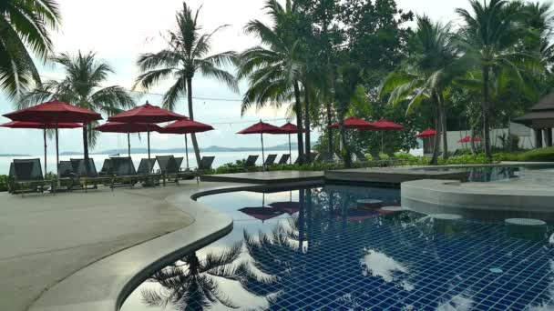 游泳池 沙滩伞和郁郁葱葱的热带植被景观 — 图库视频影像