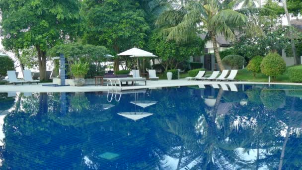 Vista Piscina Sombrillas Exuberante Vegetación Tropical — Vídeo de stock