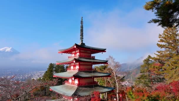 Kleurrijk Herfstlandschap Met Berg Fuji Chureito Pagoda Japan — Stockvideo