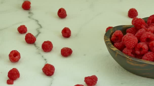 Fresh Raspberry Small Wooden Bowl — Stock Video