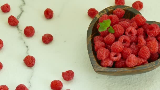 Fresh Raspberry Small Wooden Bowl — Stock Video