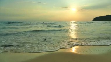 dalgalar deniz, palmiye ağaçları ve dramatik gökyüzü günbatımı görünümünü