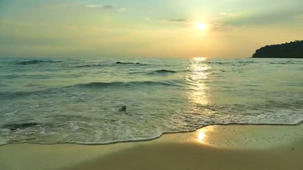 Widokiem Zachód Słońca Fale Morze Palmy Dramatyczne Niebo — Wideo stockowe