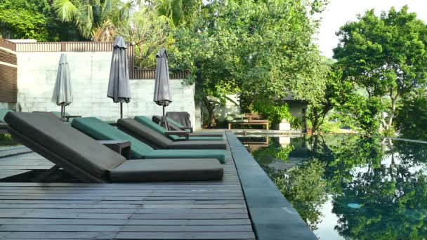 Vista Piscina Sombrillas Exuberante Vegetación Tropical — Vídeo de stock