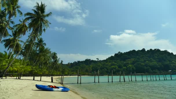 Palmiye Ağaçları Mavi Okyanus Dalgaları Ile Tropikal Plaj Tekne — Stok video