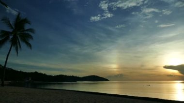 deniz, palmiye ağaçları ve dramatik günbatımı gökyüzü inanılmaz görünümünü
