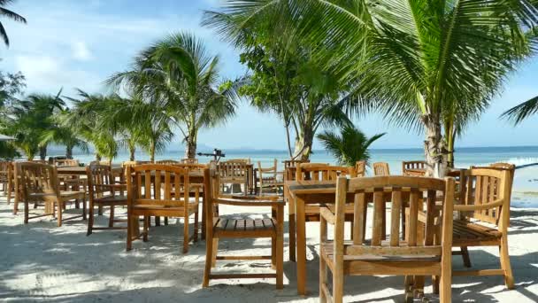 Palmen Tafels Stoelen Het Zandstrand Van Tropical Resort — Stockvideo
