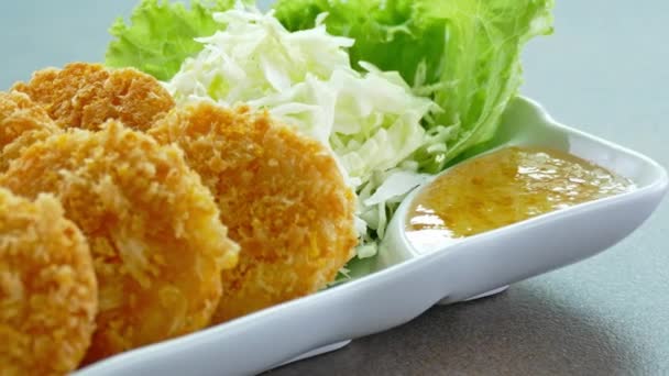 Fried Shrimp Cakes Sweet Sauce Green Salad — Stock Video