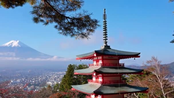 Цветной Осенний Пейзаж Горой Фудзи Пагода Чурейто Японии — стоковое видео