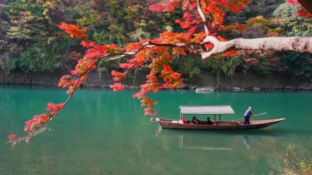 Kyoto Japão Novembro 2018 Barqueiro Bater Barco Rio Arashiyama Temporada — Vídeo de Stock
