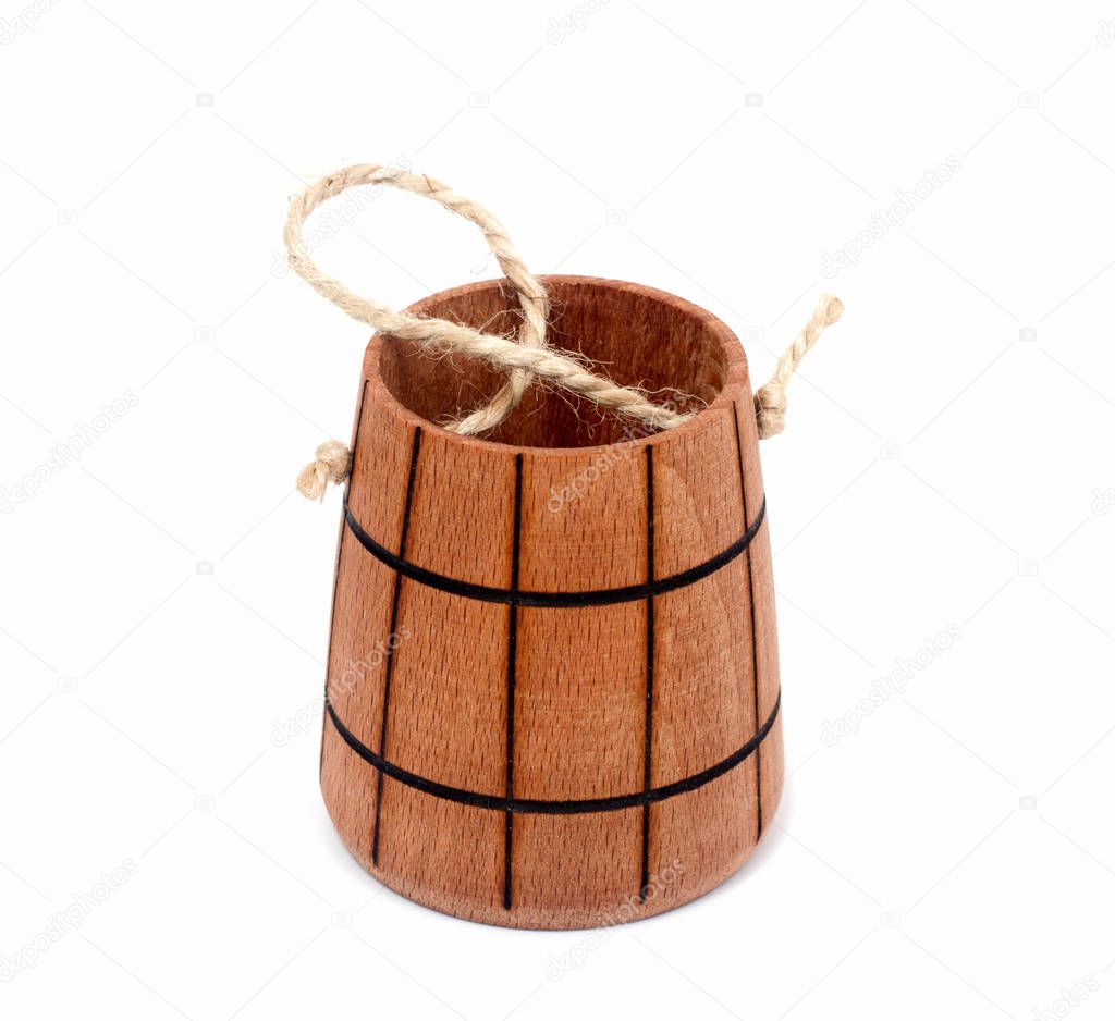 Old wood water bucket isolated on white