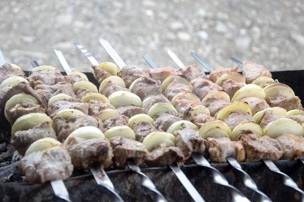 Traditional Russian Barbecue Pork Shish Kebab Fire — Stock Photo, Image