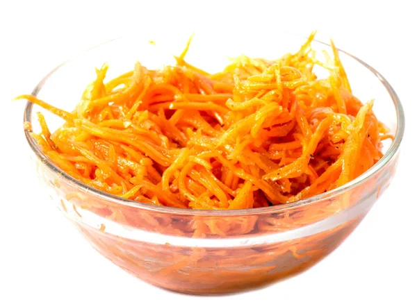 新鲜胡萝卜沙拉 韩国辣蔬菜沙拉放在木桌上的碗里 维生素菜单 素食主义者 — 图库照片