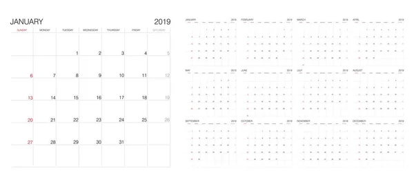 Calendário Calendário 2019 Modelo Impressão Vetorial — Vetor de Stock