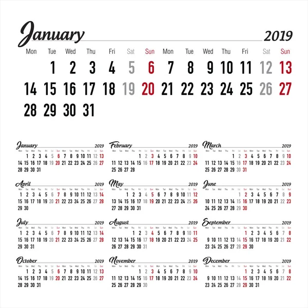 Calendario Calendario 2019 Plantilla Impresión Vectorial — Vector de stock