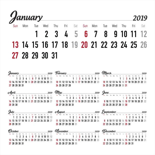 Kalender Kalender 2019 Vektor Druckvorlage — Stockvektor