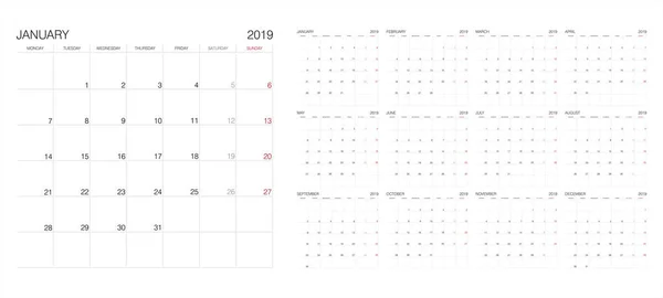 Calendario Calendario 2019 Plantilla Impresión Vectorial — Vector de stock