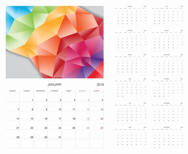 Calendar 2019 Calendar Vector Print Template — Stock Vector