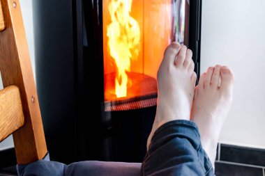 Oturma odasında alev alev yanan pelet sobası.