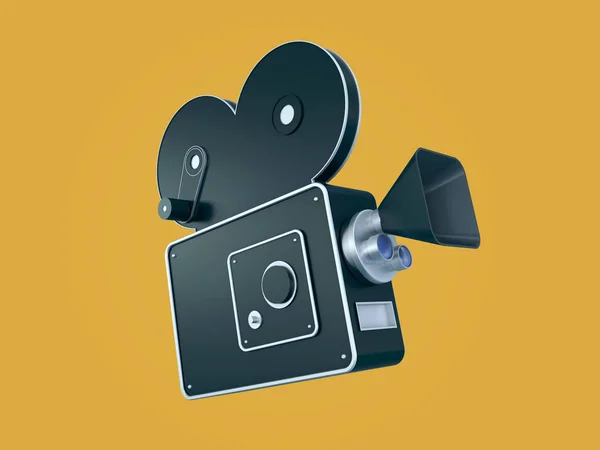 Stylized retro movie camera isolated on yellow background. 3D rendering