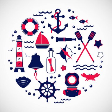 Denizci seyahat ikonları, denizcilik unsurları. Denizci koleksiyonu, vektör seti.