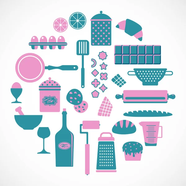 Icônes Alimentaires Équipement Cuisine Ensemble Vectoriel Boulangerie — Image vectorielle