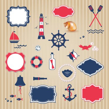 Vektör pankartı, klasik çerçeve, tasarım elemanları. Denizcilik koleksiyonu, deniz seyahat simgeleri.