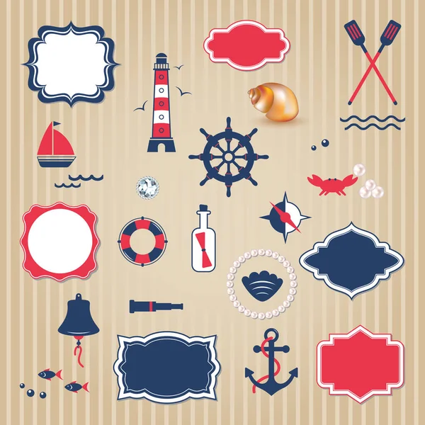 Vektör pankartı, klasik çerçeve, tasarım elemanları. Denizcilik koleksiyonu, deniz seyahat simgeleri.