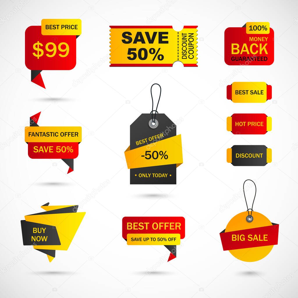 Vector stickers, price tag, banner, label. Coupon sale, offers and promotions vector template.