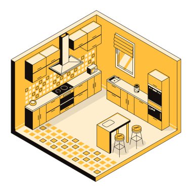 Modern bir mutfağın 3 boyutlu iç tasarımı, yemek hazırlama ekipmanları, ev aletleri. Mobilya mağazası için şablon, tasarım stüdyosu, mimarlık işi. Vektör izometrik illüstrasyon köşe görünümü
