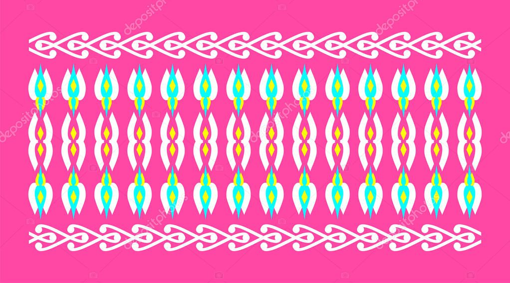 Elegant and decorative border of Hindu and Arabic inspiration of various colors, white and yellow and light fuchsia background