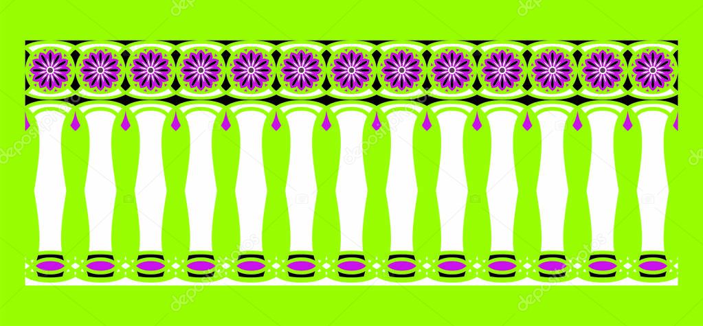 Elegant, spectacular and decorative border of Hindu and Arabic inspiration of various colors, white, black and purple with light green background