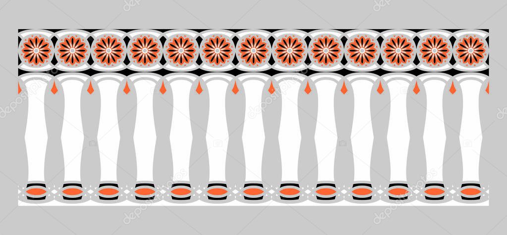 Elegant, spectacular and decorative border of Hindu and Arabic inspiration of various colors, white, black and orange with gray background