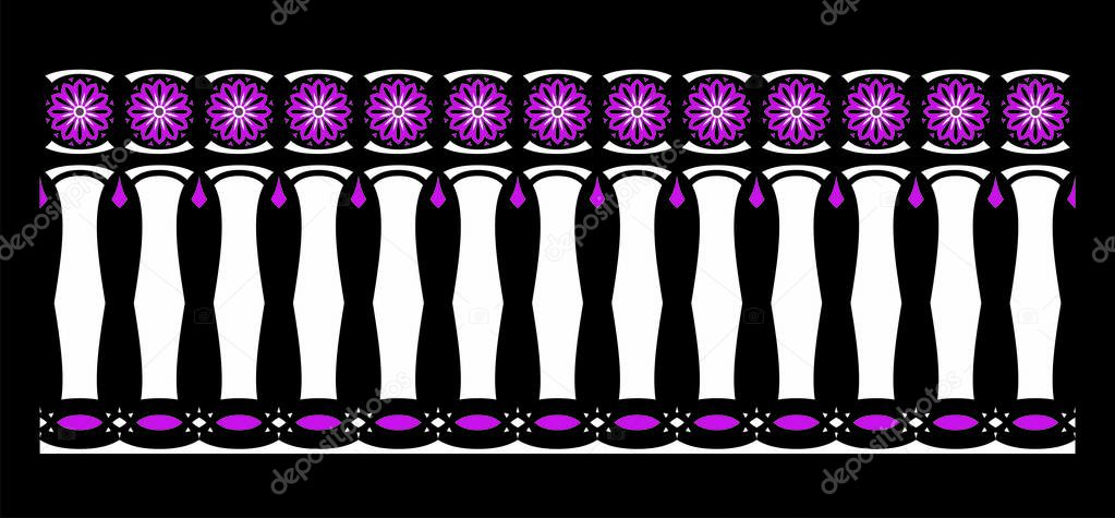 Elegant, spectacular and decorative border of Hindu and Arabic inspiration of various colors, white and purple with black background